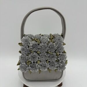 Julie Feldman Silver Designer Cross Body Evening Purse Roses Satin Embellished